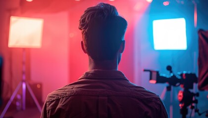 Back view of a man in front of the camera in the studio - obrazy, fototapety, plakaty