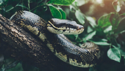 Fototapeta premium Python on tree branch. Large snake. Zoo and animal concept. Blurred natural green background