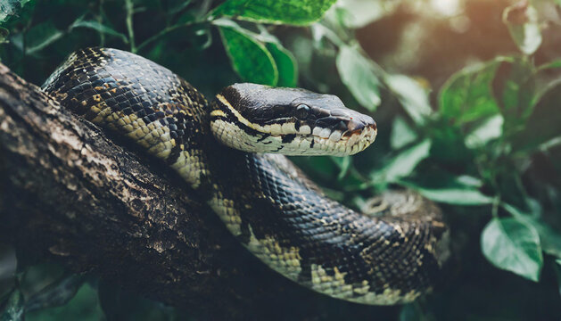 Python on tree branch. Large snake. Zoo and animal concept. Blurred natural green background