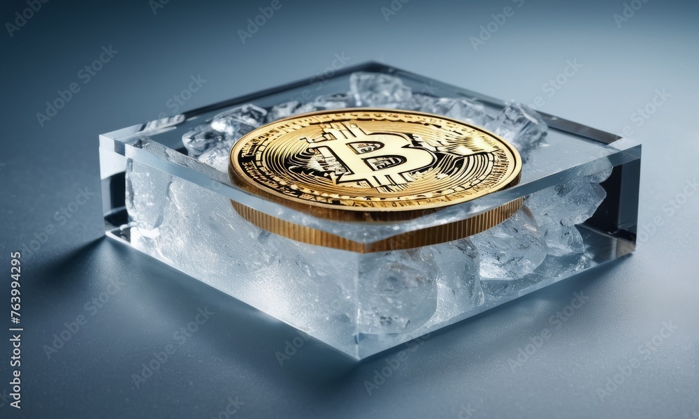 Poster an iconic bitcoin coin showcased within a solid block of ice, encapsulating the concept of crypto se