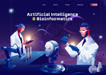 Artificial intelligence & biotechnology dashboard. In a Modern Laboratory Two Scientists Conduct Experiments. Flat vector illustration