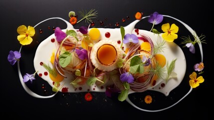 A plate of exquisite culinary composition with vibrant edible flowers and herbs, showcasing the harmony of nature and gastronomy, suitable for fine dining promotion and culinary artistry narratives.