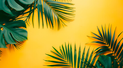 Top of yellow table with palm leaves. vacantions and travel concepts