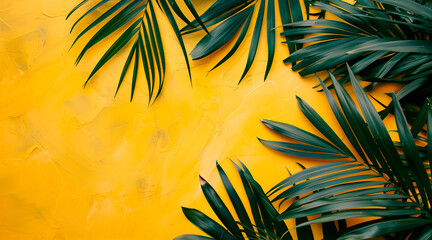 Fototapeta na wymiar Top of yellow table with palm leaves. vacantions and travel concepts