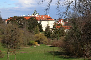 Fototapeta premium Lednice-Valtice area in the Czech Republic. Rear view of Valtice castle from the castle garden. Monument of the 11th century. Czech history. Spring, March.