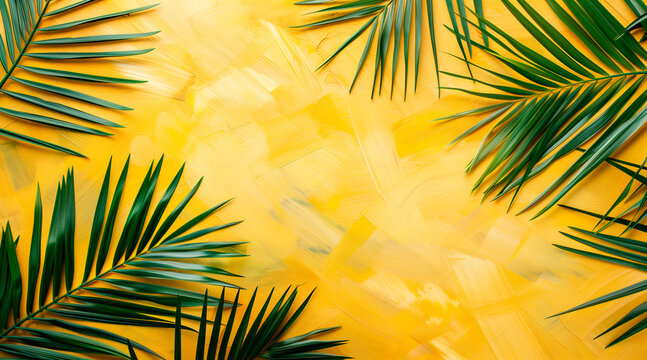 Top of yellow table with palm leaves. vacantions and travel concepts