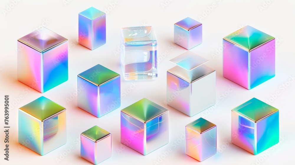Poster set of 3d holographic cubes on an iridescent chrome background. modern rendering of holographic meta