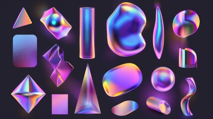 Intricate geometric patterns, holographic elements, gradient shapes, abstract forms. Modern illustration with 90s and 2000s vibes. Reflective metallic surfaces reminiscent of glassmorphism and - obrazy, fototapety, plakaty