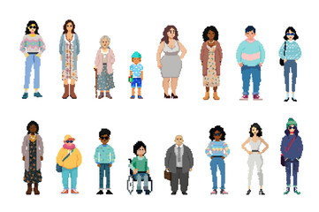 Fototapeta premium Pixel art illustration with isolated people. Diversity. Different character. Fashion style. Pixelated stickers 90s, Retro vintage trend. Digital people for graphic design. Crypto art. Character set.
