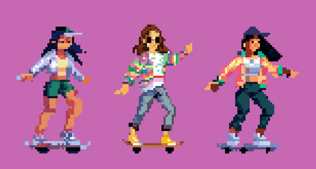 Pixel art illustration with isolated cool girls. Skateboard tricks. Fashion style outfit.  Pixelated stickers 90s, Retro vintage trend 70s. Digital cyber people for graphic design. Crypto art