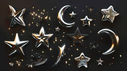 Foto op Plexiglas Isolated 3D chrome stars set in Y2K futuristic style, on dark background. 3D Y2K emoji with flying and falling stars, blings, moon and sparks. © Mark