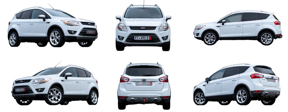 Cluj-Napoca, Cluj-Romania-03.21.2024-Ford Kuga Titanium SUV PNG Set - White Metallic, Isolated, Empty Parking Lot, Multiple Angles, Transparent Background	
