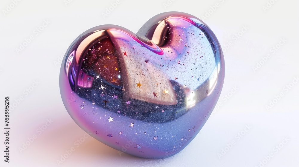 Poster chrome heart icon like galaxy planet with stars in y2k style isolated on white background. modern re