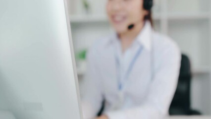 Customer service, woman and happy call center agent giving advice online using a headset