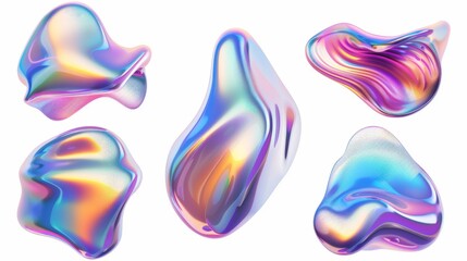 Iridescent chrome fluid bubble set isolated on white background. Render of abstract holographic metal blob with rainbow gradient effect. 3D modern geometric illustration. - obrazy, fototapety, plakaty