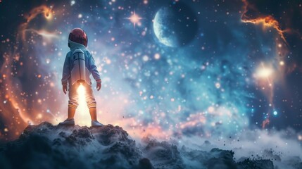 Little space engineer with a model rocket standing against a cosmic backdrop - obrazy, fototapety, plakaty