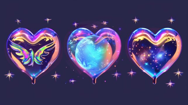 Y2K style 3d holographic hearts isolated on dark background. Iridescent 3d chrome hearts with galaxy planet, stars, fire flame, angel wings, melting, love text.