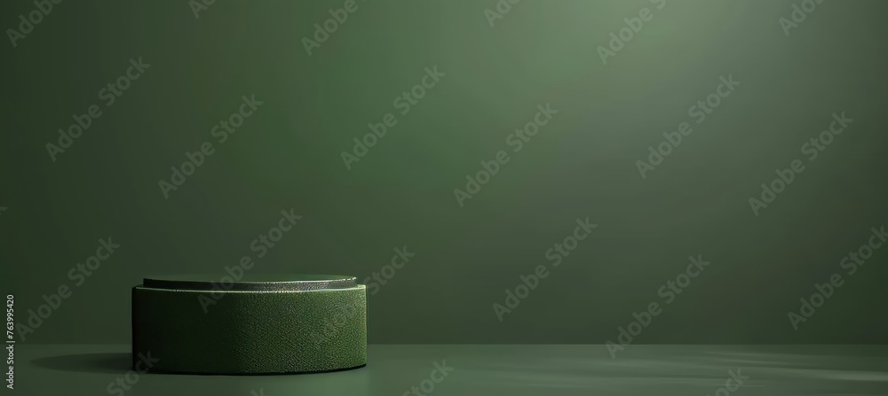 Poster dark green podium on light studio stage platform for product display with abstract scene background