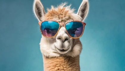 Foto auf Acrylglas Funny lama wearing stylish sunglasses. Fluffy alpaca. Blue backdrop. © hardvicore