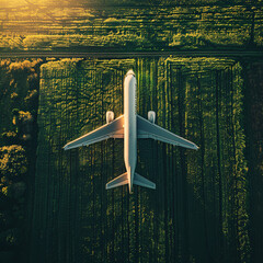 Eco-friendly flight. Aerial view of an aircraft over farmland. Cleaner biofuels. Sustainable biofuels. Journey of aviation over agricultural land. Sustainable transportation.