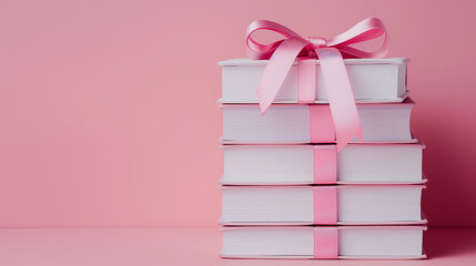 Obraz premium Stack of white books tied with a pink ribbon and bow on minimalistic pink background. Love for literature and reading concept. Banner for World Book Day event with copy space. 