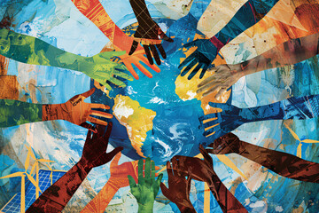 Global Unity for a Sustainable Future. Hands of different races holding Earth together, surrounded by renewable energy sources like wind turbines and solar panels. Cooperation and Sustainable Energy