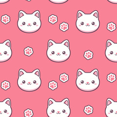 White kawaii cats and paws on pink background. Vector seamless pattern. 