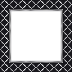 Vector square frame with copy space. Abstract geometric silver line ornament on black background.
