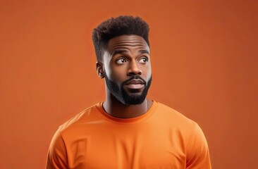 Portrait of a confused puzzled minded African American man in orange top isolated on orange background, with copy space