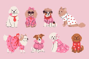 Set of cute fashionable dogs in clothes. Vector graphics.