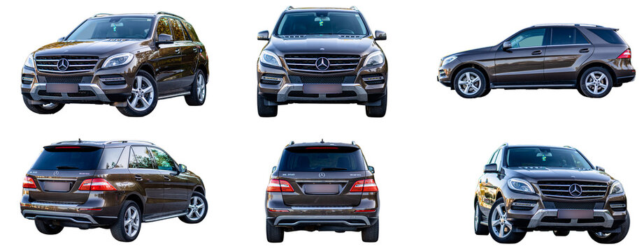 Cluj-Napoca, Cluj-Romania-03.21.2024-Mercedes Benz ML Class 320 CDI SUV PNG Set - Brown Metallic, Isolated, Empty Parking Lot, Multiple Angles, Transparent Background	
