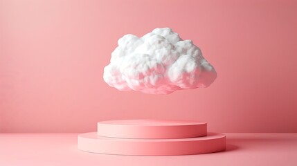 Pink cloud background podium for 3d product display, pastel sky, white stand in dreamy studio