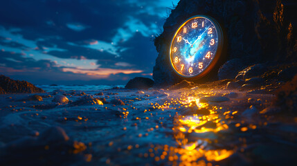 Image of a galaxy clock resting on the seashore at a sparkling blue and gold night.