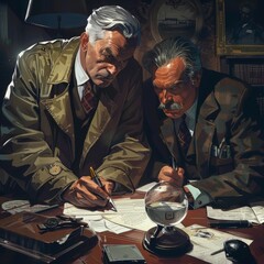 An illustration of two seasoned detectives deep in discussion over a case, surrounded by an air of vintage sophistication.