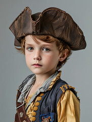 A child dressed in a pirate costume assumes a thoughtful expression, embodying a sense of adventure