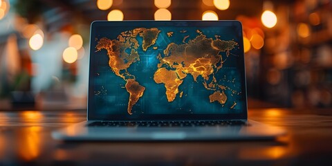 Embracing Global Connectivity: Open Laptop with World Map Display. Concept Global Connectivity, Technology, World Map Display, Open Laptop, Digital Communication