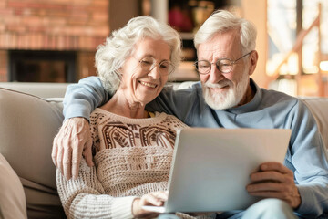 Happy mature senior couple using laptop sit on sofa at home. Smiling senior old adult man and woman using laptop to shop online. Retirement and happy senior lifestyle concept. 