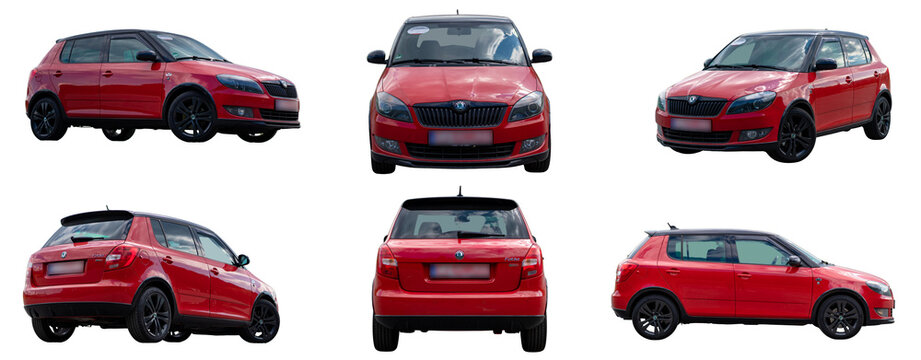 Cluj-Napoca, Cluj-Romania-03.21.2024-Skoda Fabia Monte Carlo edition PNG Set - Red Metallic, Isolated, Empty Parking Lot, Multiple Angles, Transparent Background	

