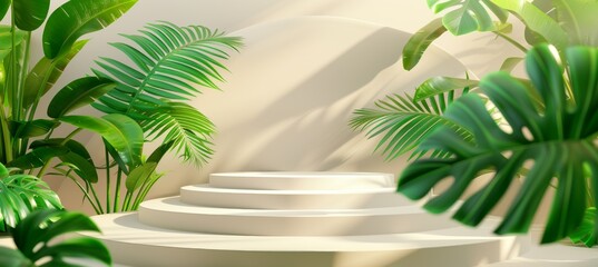 Minimal grey podium with summer fashion abstract design and leaf decoration for cosmetic showcase