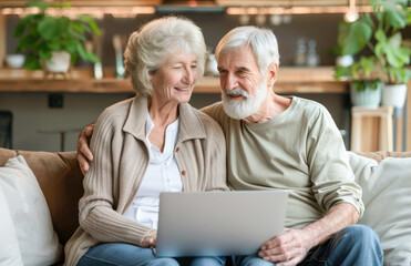 Happy mature senior couple using laptop sit on sofa at home. Smiling senior old adult man and woman using laptop to shop online. Retirement and happy senior lifestyle concept. 