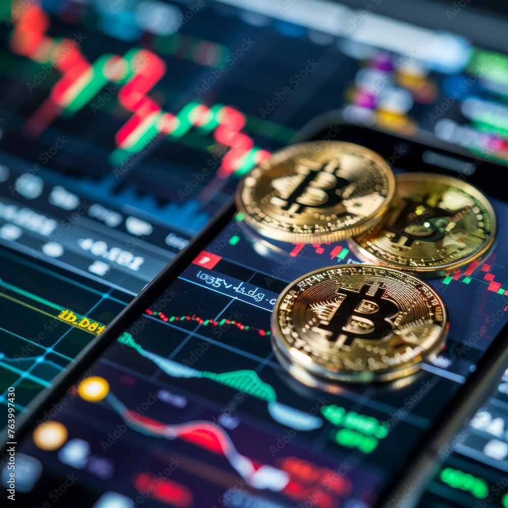 Poster close-up of a smartphone displaying cryptocurrency trading graphs with bitcoin coins, symbolizing mo