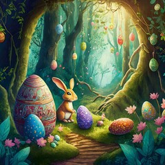 A scene of Easter eggs hidden in an enchanted forest