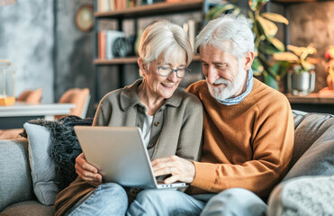 Happy mature senior couple using laptop sit on sofa at home. Smiling senior old adult man and woman using laptop to shop online. Retirement and happy senior lifestyle concept. 