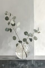 Eucalyptus Foliage plant Oil painting with woven basket, set against a minimalist white and grey background, Artwork for wall art illustration and home decor, digital printable wall art 