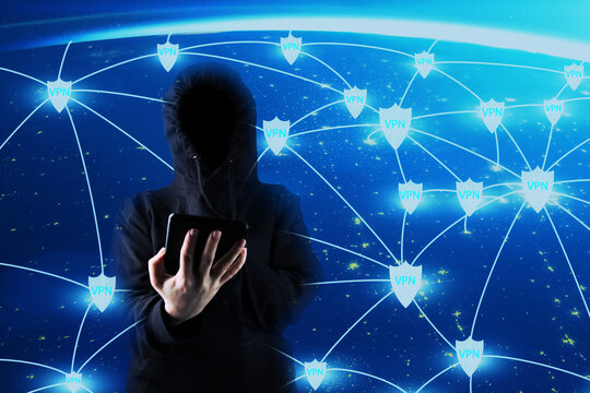VPN connections on a global level, anonymous person, cybersecurity infrastructure, international privacy shield,Element of the image provided by NASA