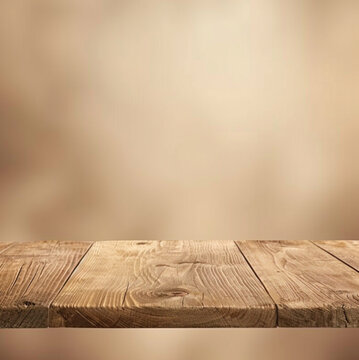 wooden empty, clear, table viewd from a top angled view, beautiful blurred baige colour background.