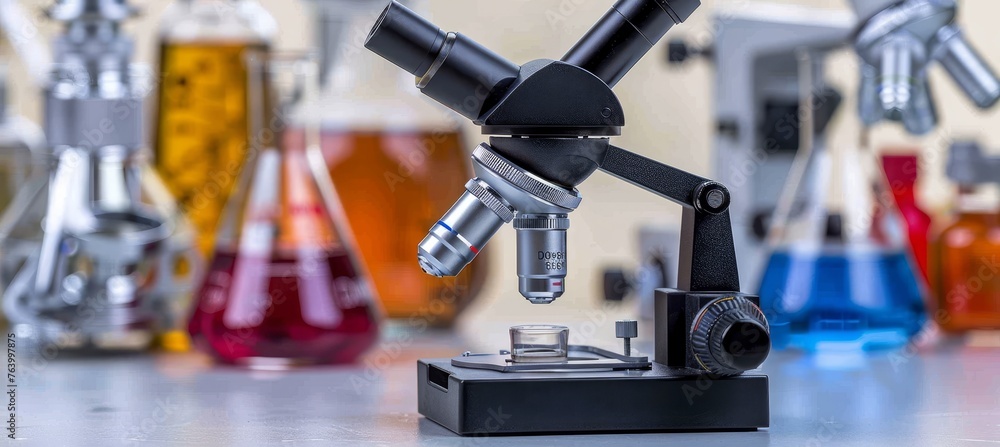Poster advanced medical dna research lab with scientist using microscope for analysis and testing