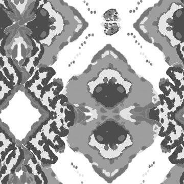 Rhombus Ikat Vector Pattern. Ogee Geometric Print. Abstract Ethnic Kilim. Watercolor Batik Seamless Design. Vibrant Carpet Rug Chevron Motif. Wet Vintage Tie Dye Ornament. Monochrome Black and White