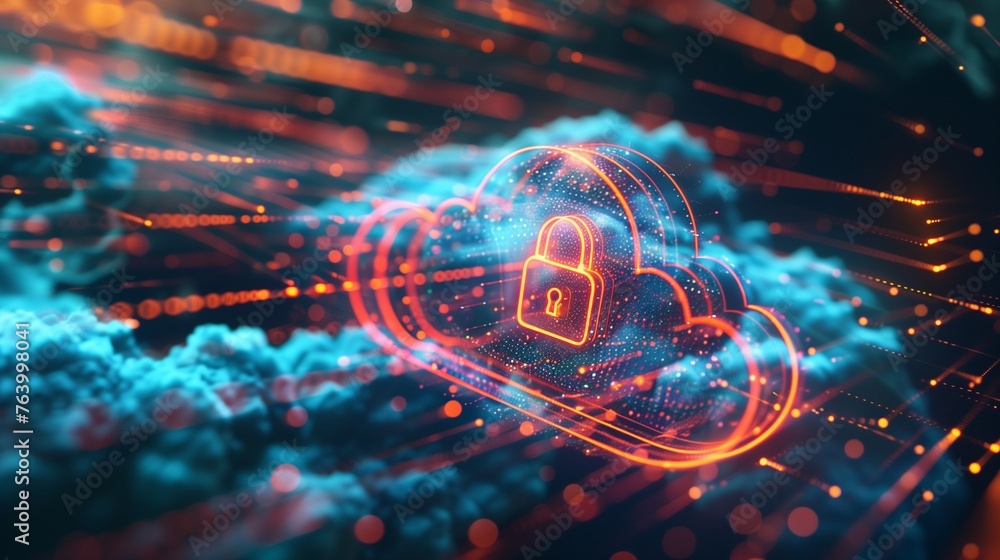 Poster abstract illustration of cloud security services, stylized cloud icon integrated with a secure padlo