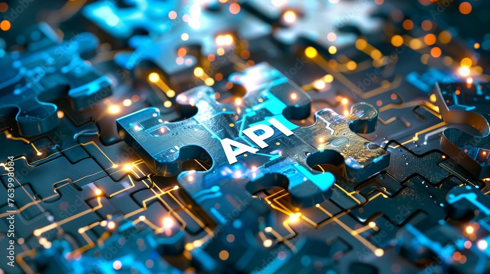 Poster digital representation of api integration concept with puzzle piece against a futuristic tech-inspir